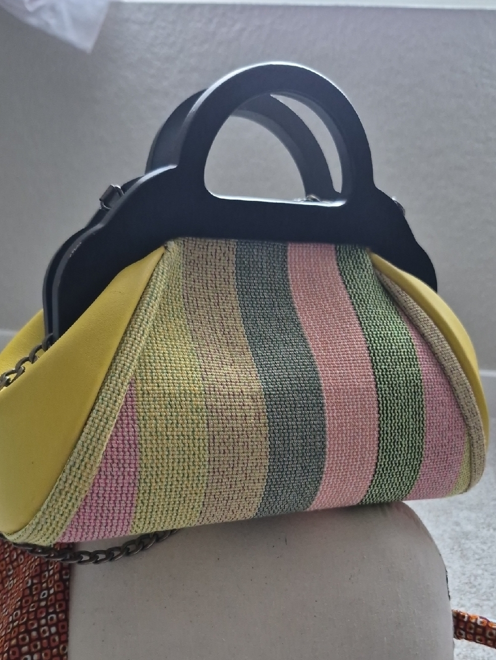 Multicolor Striped Woven Clutch with Yellow Accents